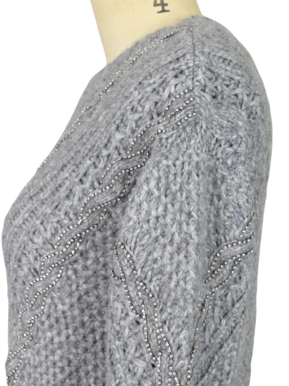 WHITE HOUSE BLACK MARKET EMBELLISHED CABLE KNIT GRAY SWEATER - Picture 5 of 9